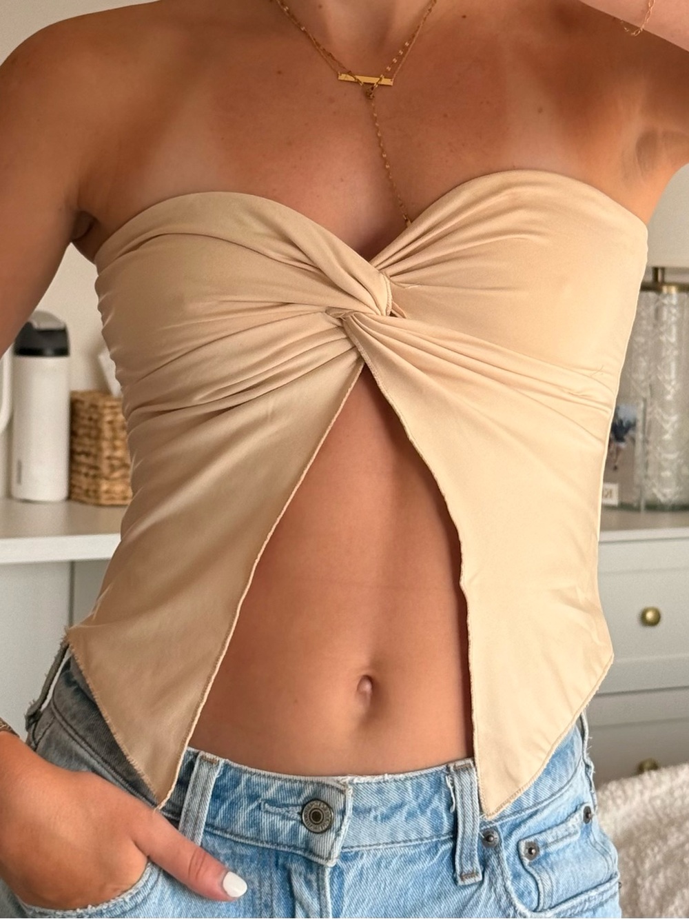 beige amazon twist front hankerchief tube top size xs